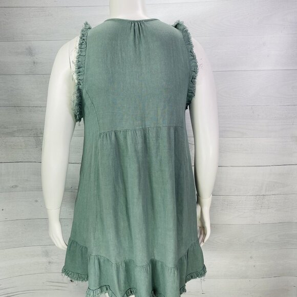 Umgee Teal Green Linen Blend V Neck Sleeveless Raw Hem Ruffle Boho Dress Sz L - Picture 5 of 13
